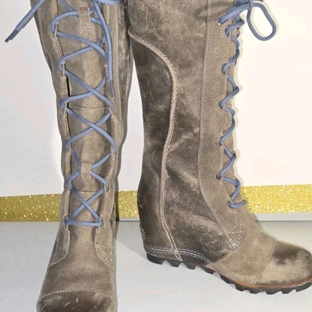 SOREL CATE THE GREAT WEDGE Tall Brown W/ Blue laces Leather RARE HTF Sz 7/38 - Picture 3 of 16